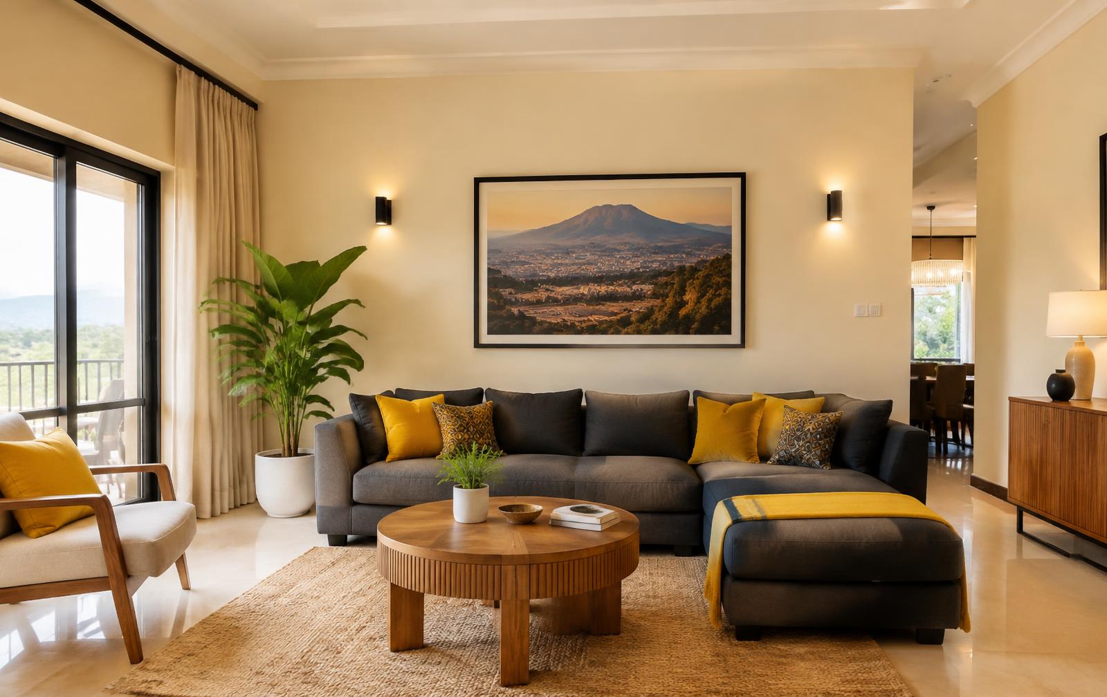 Clean, bright living room in Kigali